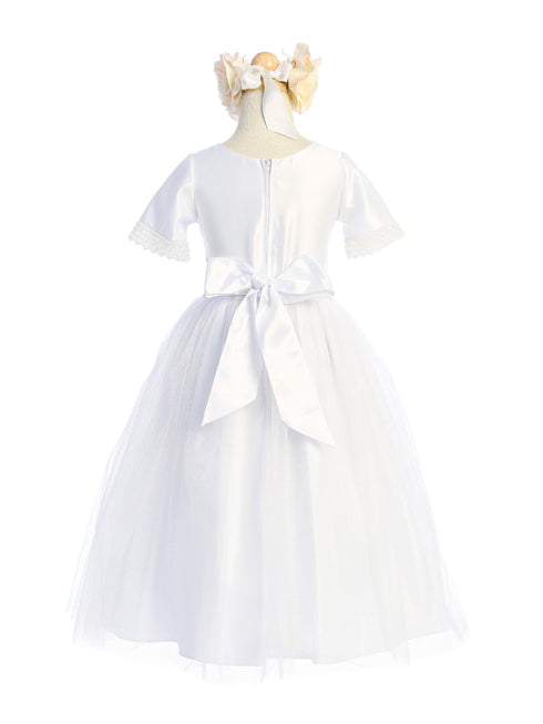 Girls White Beaded Sleeve Waist Satin Crystal Tulle Communion Dress 6-16 - SophiasStyle.com