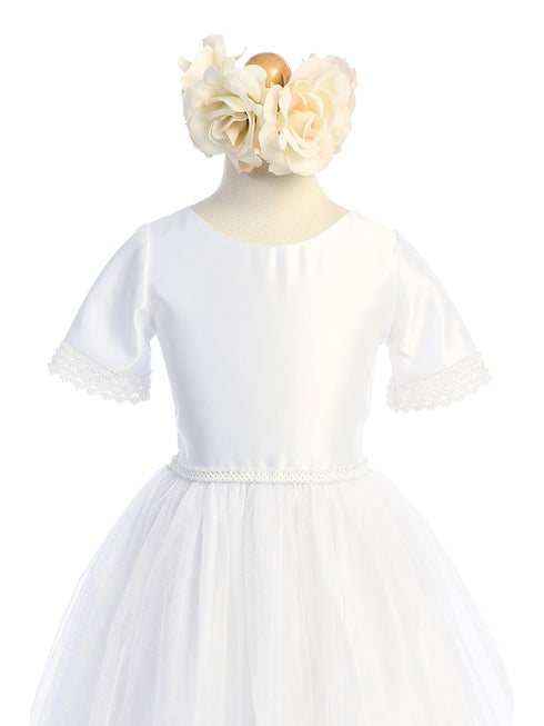 Girls White Beaded Sleeve Waist Satin Crystal Tulle Communion Dress 6-16 - SophiasStyle.com