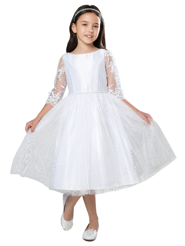 Big Girls White Flower Lace Sleeve Satin Crystal Tulle Communion Dress 7-12 - SophiasStyle.com