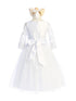 Big Girls White Flower Lace Sleeve Satin Crystal Tulle Communion Dress 7-12 - SophiasStyle.com
