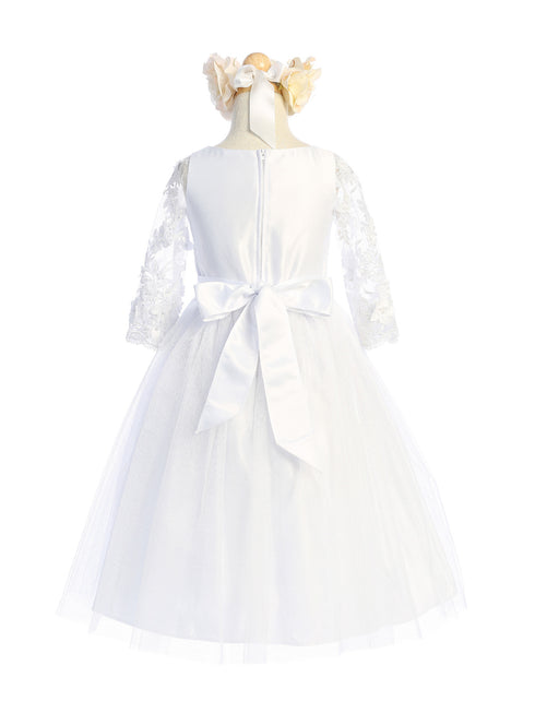 Little Girls White Flower Lace Sleeve Satin Crystal Tulle Flower Girl Dress 2-6 - SophiasStyle.com