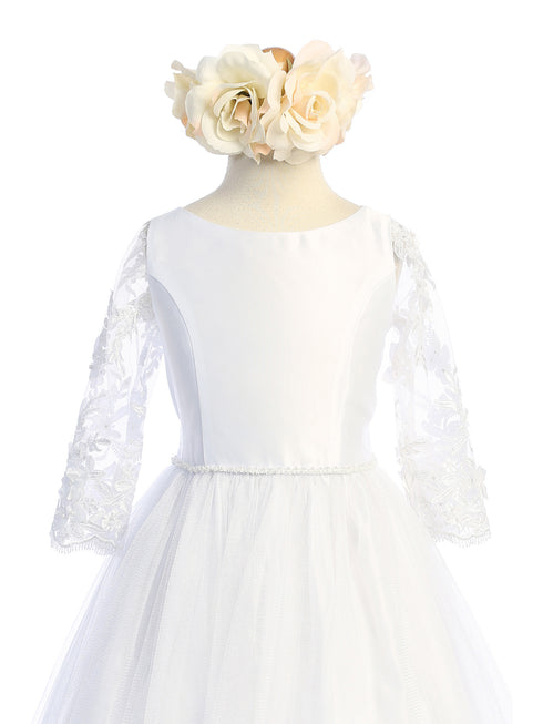 Little Girls White Flower Lace Sleeve Satin Crystal Tulle Flower Girl Dress 2-6 - SophiasStyle.com