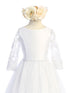 Little Girls White Flower Lace Sleeve Satin Crystal Tulle Flower Girl Dress 2-6 - SophiasStyle.com