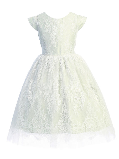 Little Girls Sage French Lace Peek A Boo Tulle Flower Girl Dress 2-6 - SophiasStyle.com