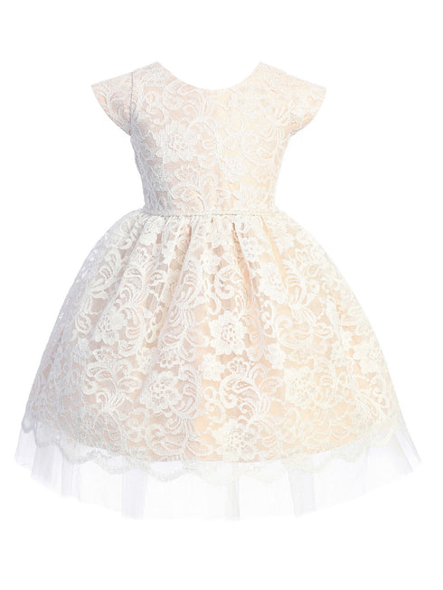 Girls Blush Pearl Trim Floral Lace Crystal Tulle Junior Bridesmaid Dress 7-16 - SophiasStyle.com