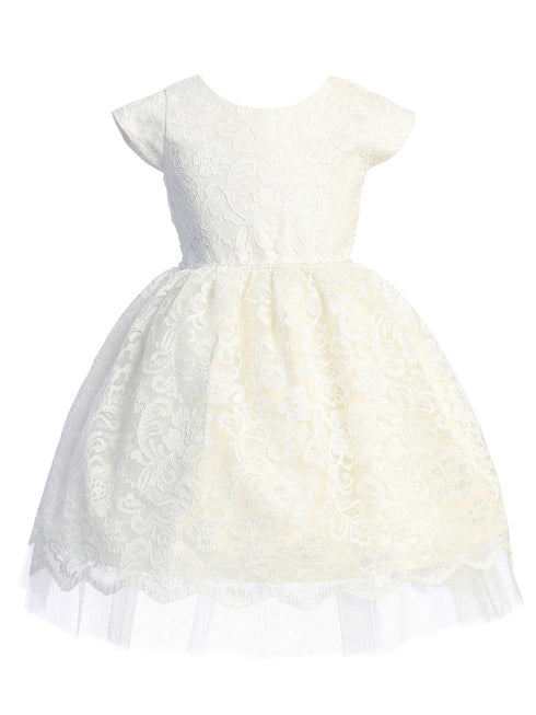 Big Girls Off White Pearl Trim Floral Lace Tulle Junior Bridesmaid Dress 7-16 - SophiasStyle.com