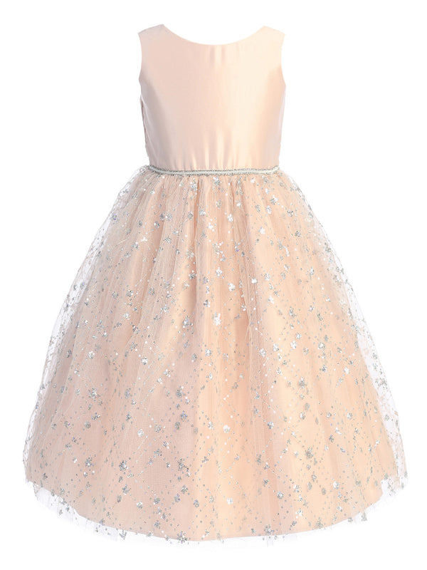 Big Girls Blush Satin Diamond Sequin Crystal Tulle Junior Bridesmaid Dress 7-16 - SophiasStyle.com