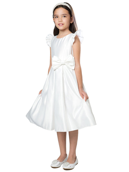 Big Girls White Flutter Sleeve Pleated Skirt Satin Junior Bridesmaid Dress 7-16 - SophiasStyle.com