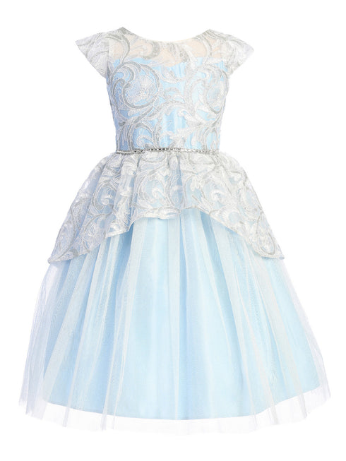 Big Girls Light Blue Lace Peplum Crystal Tulle Junior Bridesmaid Dress 7-16 - SophiasStyle.com