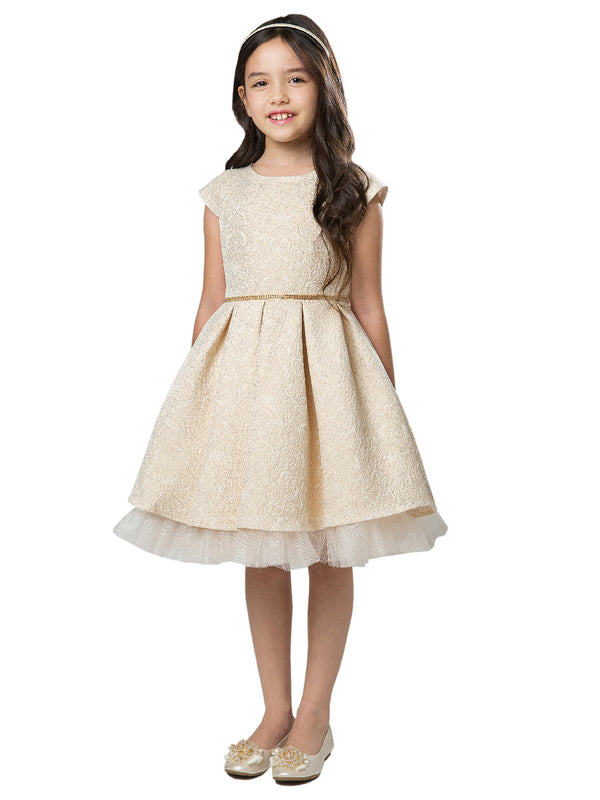 Big Girls Ivory Pleated Jacquard Cap Sleeve Tulle Junior Bridesmaid Dress 7-16 - SophiasStyle.com