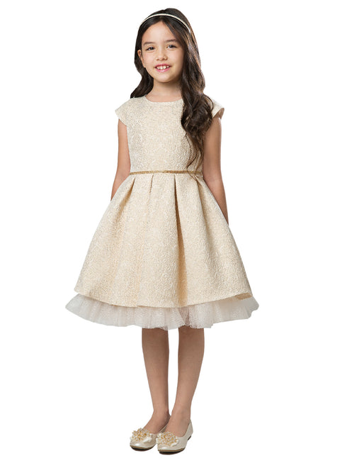 Little Girls Ivory Pleated Jacquard Cap Sleeve Tulle Flower Girl Dress 2-6 - SophiasStyle.com