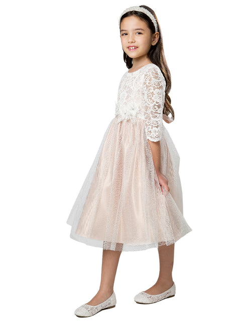 Big Girls Blush Floral Patch Waist Lace Junior Bridesmaid Dress 7-16 - SophiasStyle.com
