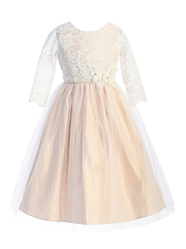 Little Girls Blush Floral Patch Waist Lace Flower Girl Dress 2-6 - SophiasStyle.com