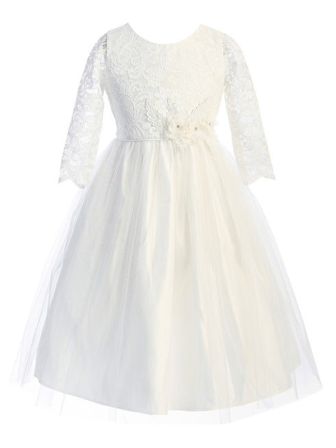 Little Girls Off White Floral Patch Waist Lace Flower Girl Dress 2-6 - SophiasStyle.com