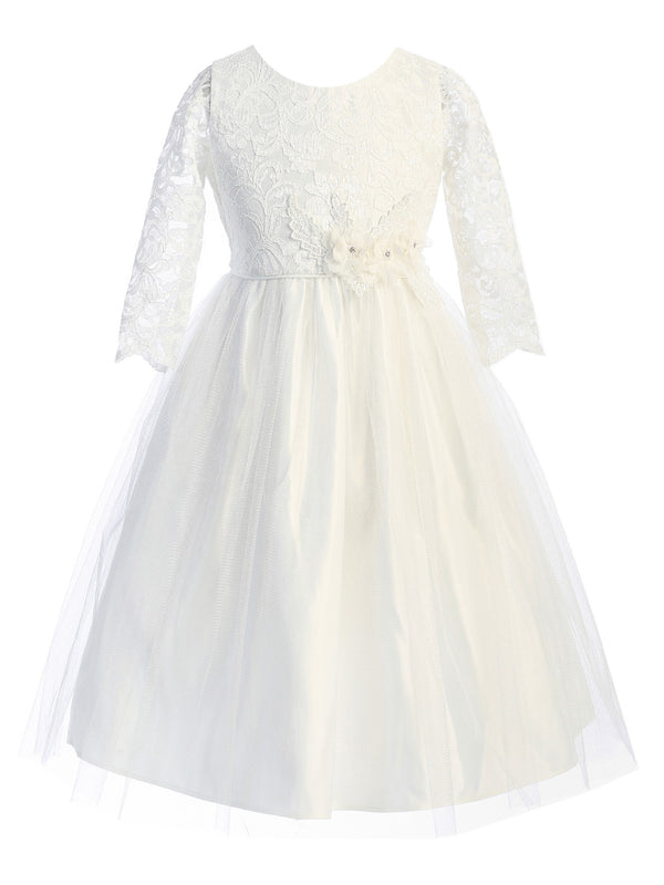 Little Girls Off White Floral Patch Waist Lace Flower Girl Dress 2-6 - SophiasStyle.com