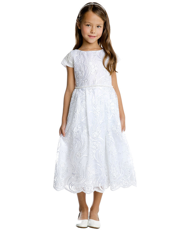 Sweet Kids Girls Sequin Lace Dress with Pleated Skirt and Petite Pearl Waist Trim, Sizes 2-16 - SophiasStyle.com