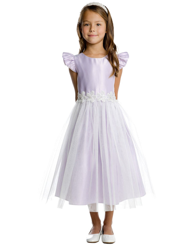 Sweet Kids Girls Satin Flutter Sleeve Dress with Crystal Tulle Skirt and Beaded Floral Waist Trim, Sizes 2-16 - SophiasStyle.com