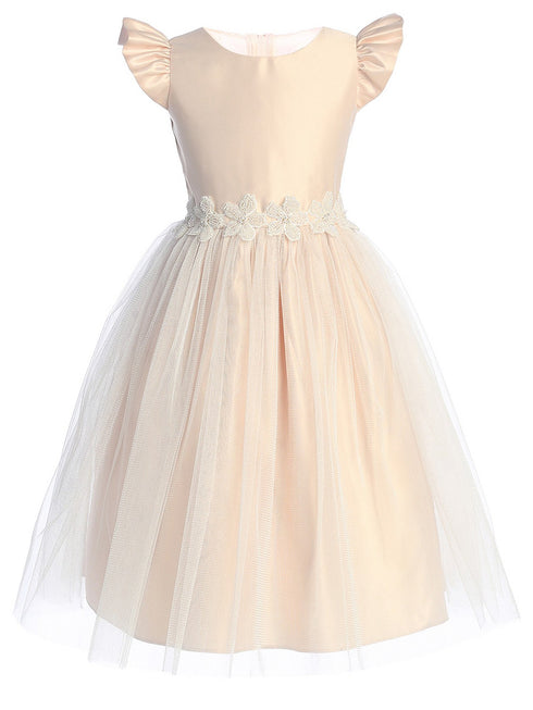 Sweet Kids Girls Satin Flutter Sleeve Dress with Crystal Tulle Skirt and Beaded Floral Waist Trim, Sizes 2-16 - SophiasStyle.com
