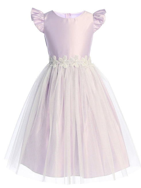 Sweet Kids Girls Satin Flutter Sleeve Dress with Crystal Tulle Skirt and Beaded Floral Waist Trim, Sizes 2-16 - SophiasStyle.com