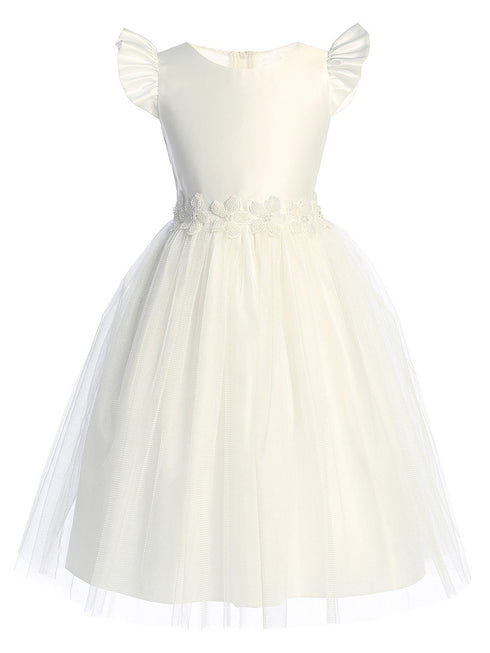 Sweet Kids Girls Satin Flutter Sleeve Dress with Crystal Tulle Skirt and Beaded Floral Waist Trim, Sizes 2-16 - SophiasStyle.com