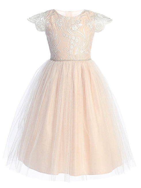 Sweet Kids Girls Sequin Lace Top Dress with Satin and Crystal Tulle Skirt and Petite Rhinestone Waist Trim, Sizes 2-16 - SophiasStyle.com