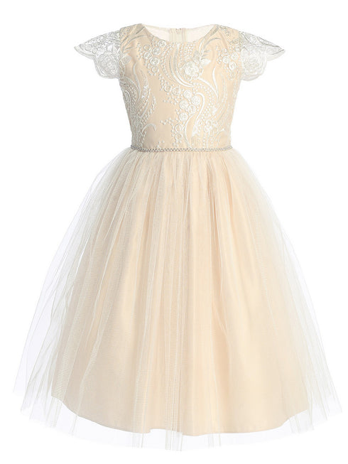 Sweet Kids Girls Sequin Lace Top Dress with Satin and Crystal Tulle Skirt and Petite Rhinestone Waist Trim, Sizes 2-16 - SophiasStyle.com