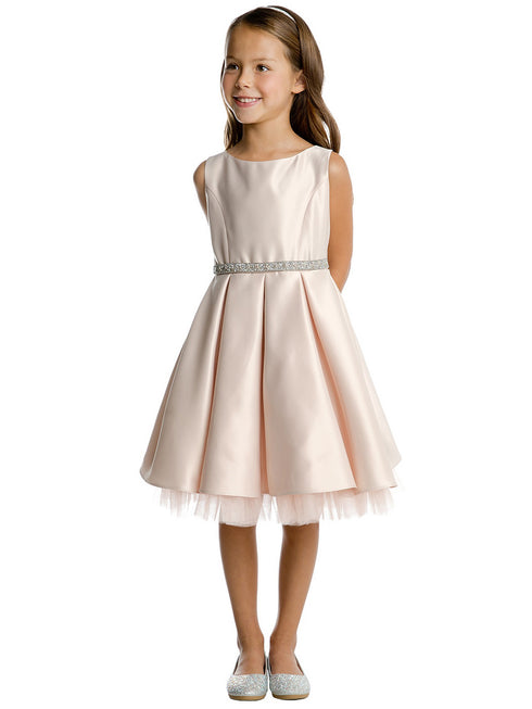 Sweet Kids Girls Satin Dress with Pleated Skirt, Crystal Tulle Hem and Rhinestone Waist Trim, Sizes 2-16 - SophiasStyle.com