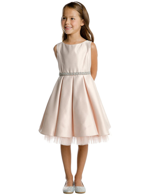 Sweet Kids Girls Satin Dress with Pleated Skirt, Crystal Tulle Hem and Rhinestone Waist Trim, Sizes 2-16 - SophiasStyle.com