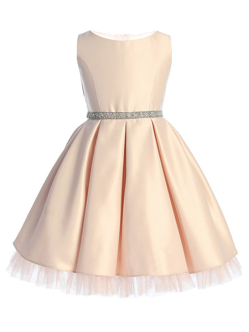 Sweet Kids Girls Satin Dress with Pleated Skirt, Crystal Tulle Hem and Rhinestone Waist Trim, Sizes 2-16 - SophiasStyle.com