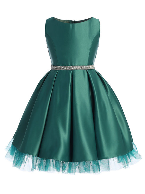 Sweet Kids Girls Satin Dress with Pleated Skirt, Crystal Tulle Hem and Rhinestone Waist Trim, Sizes 2-16 - SophiasStyle.com