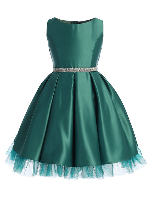 Sweet Kids Girls Satin Dress with Pleated Skirt, Crystal Tulle Hem and Rhinestone Waist Trim, Sizes 2-16 - SophiasStyle.com