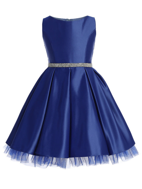 Sweet Kids Girls Satin Dress with Pleated Skirt, Crystal Tulle Hem and Rhinestone Waist Trim, Sizes 2-16 - SophiasStyle.com