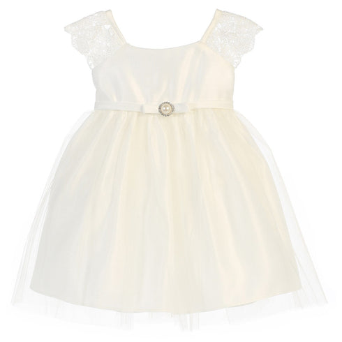 Sweet Kids Baby Girls Off White Lace Sleeve Pearl Broach Easter Dress 9-24M - SophiasStyle.com
