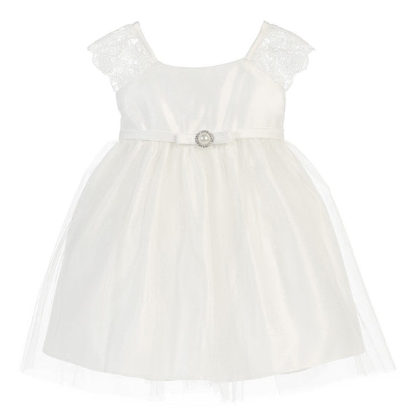 Sweet Kids Baby Girls White Satin Lace Pearl Brooch Flower Girl Dress 6-24M - SophiasStyle.com