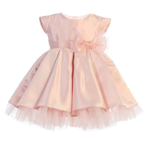 Sweet Kids Baby Girls Pink Full Pleated Satin Bow Flower Girl Dress 6-24M - SophiasStyle.com