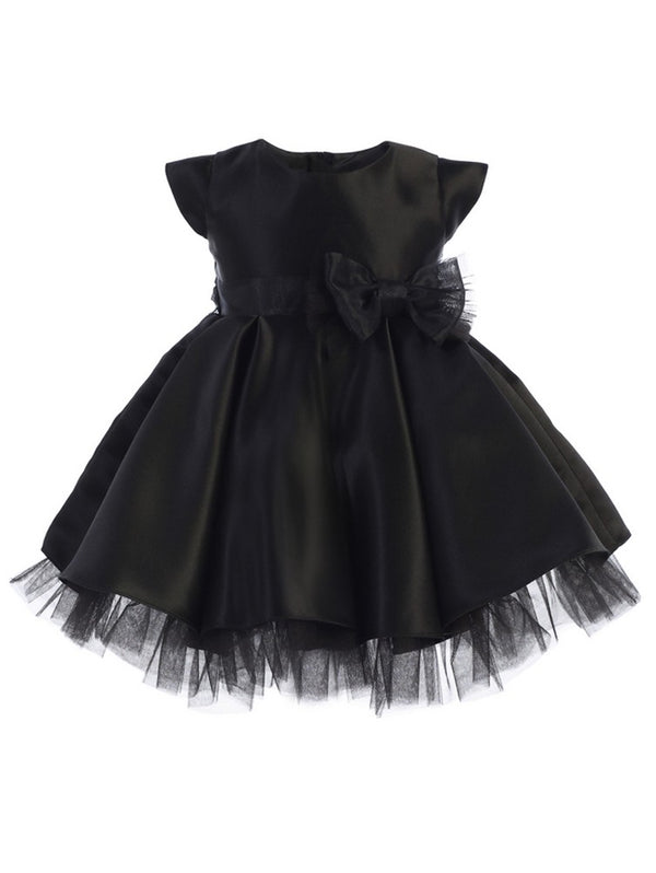 Sweet Kids Baby Girls Black Full Pleated Satin Bow Flower Girl Dress 6-24M - SophiasStyle.com