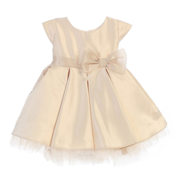 Sweet Kids Baby Girls Champagne Satin Full Pleated Bow Christmas Dress 6-24M - SophiasStyle.com