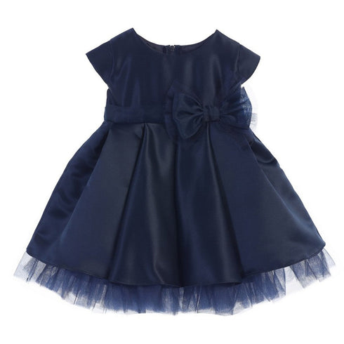 Sweet Kids Baby Girls Navy Satin Full Pleated Bow Accent Christmas Dress 6-24M - SophiasStyle.com