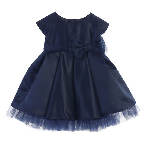Sweet Kids Baby Girls Navy Satin Full Pleated Bow Accent Christmas Dress 6-24M - SophiasStyle.com