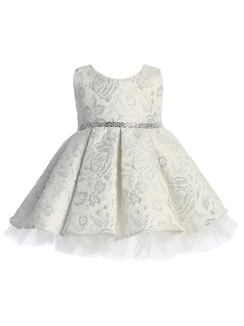 Baby Girls Silver Pleated Floral Jacquard Flower Girl Dress 6-24 Months - SophiasStyle.com
