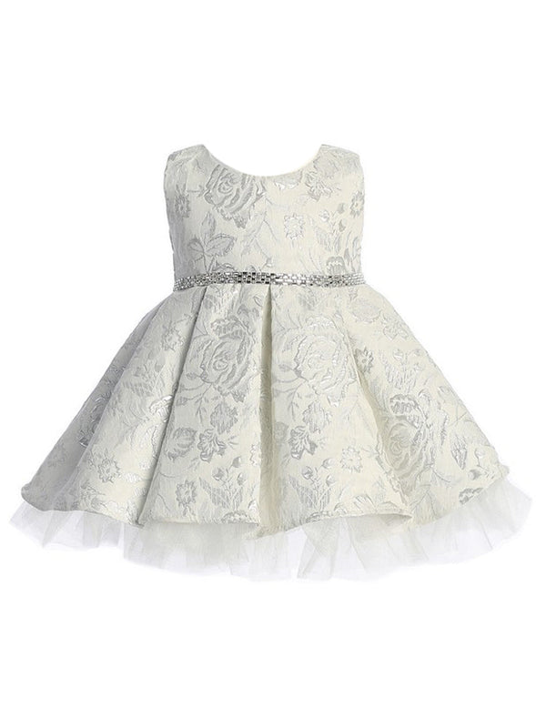 Baby Girls Silver Pleated Floral Jacquard Flower Girl Dress 6-24 Months - SophiasStyle.com