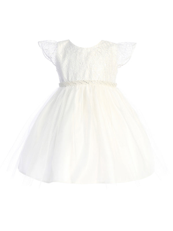 Baby Girls Off White Cord Sequin Embroidered Lace Flower Girl Dress 6-24 Months - SophiasStyle.com