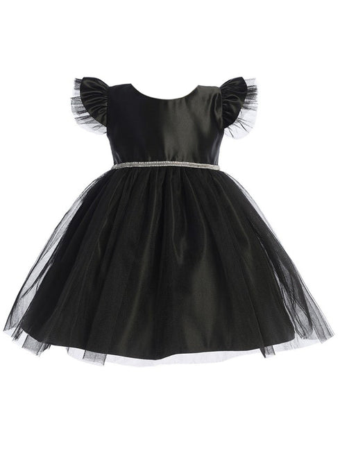 Baby Girls Black Satin Tulle Flutter Sleeve Flower Girl Dress 6-24 Months - SophiasStyle.com