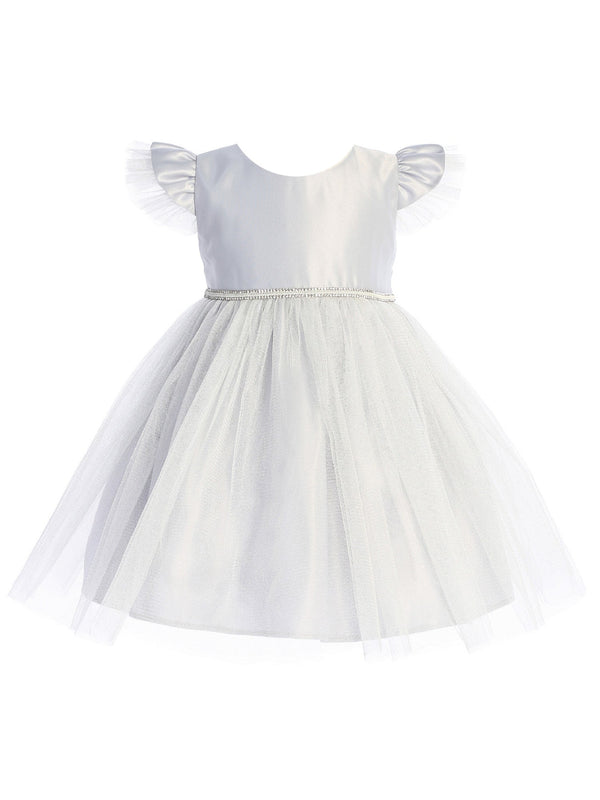Baby Girls Grey Satin Tulle Flutter Sleeve Flower Girl Dress 6-24Months - SophiasStyle.com
