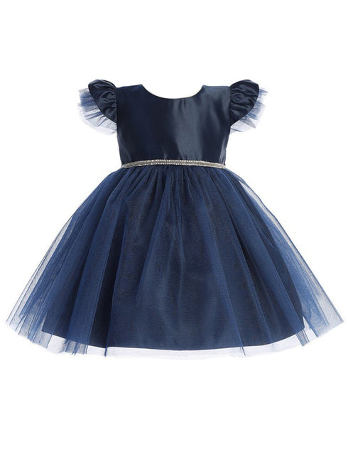 Baby Girls Navy Satin Tulle Flutter Sleeve Flower Girl Dress 6-24 Months - SophiasStyle.com