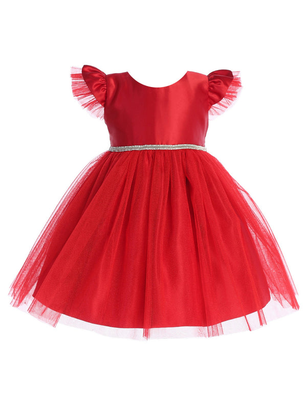 Baby Girls Red Satin Tulle Flutter Sleeve Flower Girl Dress 6-24Months - SophiasStyle.com