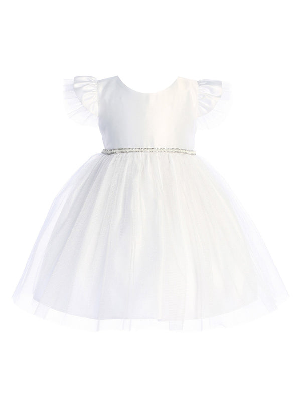 Baby Girls White Satin Tulle Flutter Sleeve Flower Girl Dress 6-24Months - SophiasStyle.com