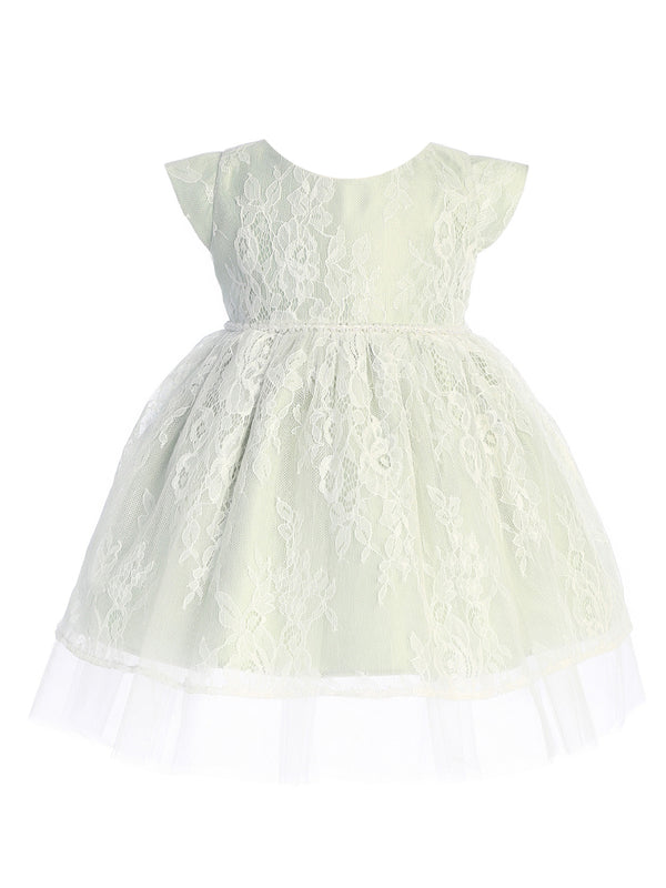 Baby Girls Sage French Lace Peek A Boo Tulle Flower Girl Dress 6-24 Months - SophiasStyle.com
