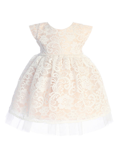 Baby Girls Blush Pearl Trim Floral Lace Tulle Flower Girl Dress 6-24 Months - SophiasStyle.com
