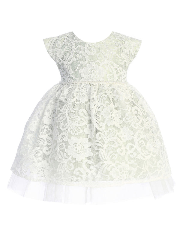 Baby Girls Sage Pearl Trim Floral Lace Tulle Flower Girl Dress 6-24 Months - SophiasStyle.com